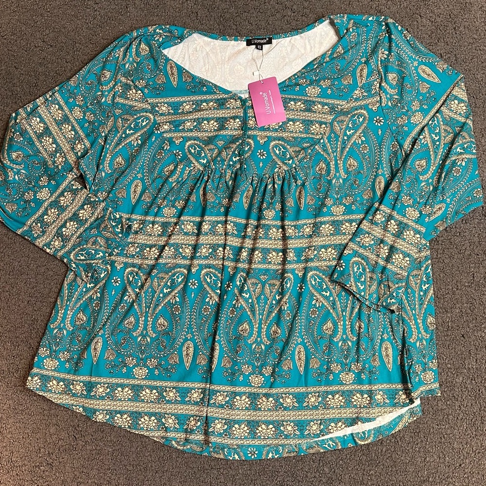 U.Vomade Womens Summer Tops V Neck Buttons Pleated Flared Plus Size 4X Green